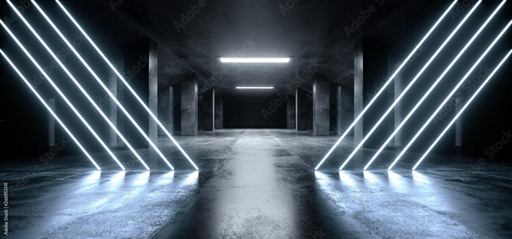 Triangle Neon Laser Blue Glowing Sci Fi Modern Dark Concrete Cement Asphalt Futuristic Spaceship Underground Garage Tunnel Corridor Empty Space White Glow Glossy Columns 3D Rendering - obrazy, fototapety, plakaty 