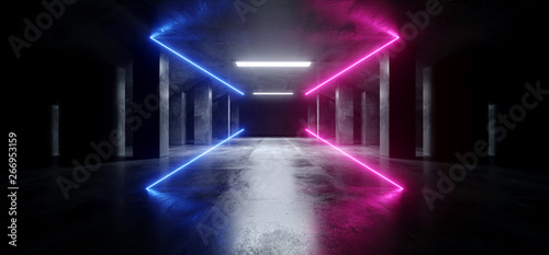Fototapeta Naklejka Na Ścianę i Meble -  Abstract Neon Laser Purple Blue Glowing Sci Fi Modern Dark Concrete Cement Asphalt Futuristic Spaceship Underground Garage Tunnel Corridor Empty Space White Glow Glossy Columns 3D Rendering