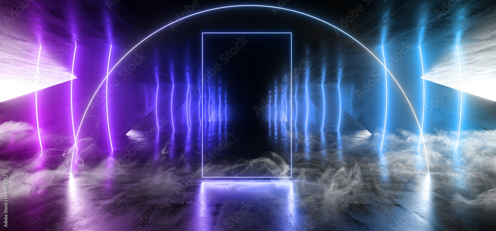 Smoke Arc Futuristic Neon Sci Fi Background Glowing Lasers Blue Purple Vibrant Virtual On Reflective Grunge Concrete Hall Underground Tunnel Corridor Shapes Shine Fluorescent 3D Rendering