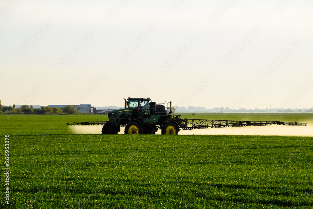 tractor with the help of a sprayer sprays liquid fertilizers on young wheat in the field. tractor with the help of a sprayer sprays liquid fertilizers on young wheat in the field.