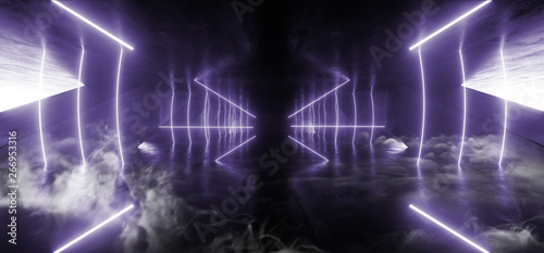Smoke Triangle Futuristic Neon Sci Fi Background Glowing Lasers Blue Violet Vibrant Virtual On Reflective Grunge Concrete Hall Underground Tunnel Corridor Shapes Shine Fluorescent 3D Rendering