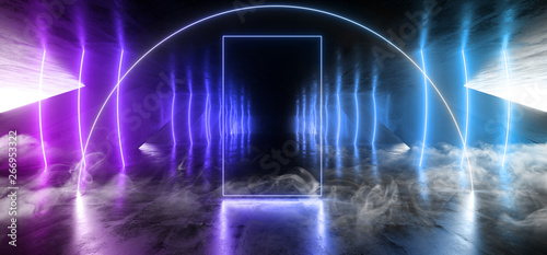 Fototapeta Naklejka Na Ścianę i Meble -  Smoke Arc Futuristic Neon Sci Fi Background Glowing Lasers Blue Purple Vibrant Virtual On Reflective Grunge Concrete Hall Underground Tunnel Corridor Shapes Shine Fluorescent 3D Rendering