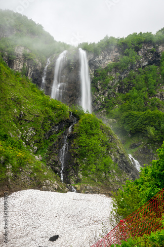 View of the waterfall in Caucasian mountains