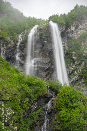 View of the waterfall in Caucasian mountains
