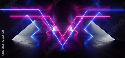 Fototapeta Naklejka Na Ścianę i Meble -  Triangle Futuristic Neon Sci Fi Background Glowing Lasers Blue Purple Vibrant Virtual On Reflective Grunge Concrete Hall Underground Tunnel Corridor Shapes Shine Fluorescent 3D Rendering