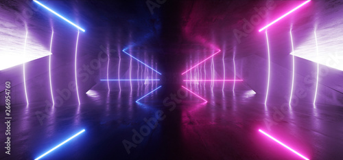 Triangle Futuristic Neon Sci Fi Background Glowing Lasers Blue Purple Vibrant Virtual On Reflective Grunge Concrete Hall Underground Tunnel Corridor Shapes Shine Fluorescent 3D Rendering