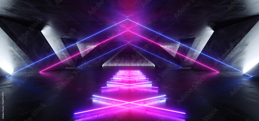 Triangle Futuristic Neon Sci Fi Background Glowing Lasers Blue Purple Vibrant Virtual On Reflective Grunge Concrete Hall Underground Tunnel Corridor Shapes Shine Fluorescent 3D Rendering