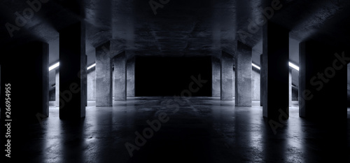 Fototapeta Naklejka Na Ścianę i Meble -  Sci Fi Modern Dark Concrete Cement Asphalt Futuristic Spaceship Elegant Underground Garage Tunnel Corridor Empty Space White Glow Glossy Columns 3D Rendering