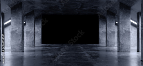 Fototapeta Sci Fi Nowoczesny ciemny beton cement Asfalt Futurystyczny statek kosmiczny Elegancki podziemny garaż Tunel Korytarz Pusta przestrzeń Biała poświata Błyszczące kolumny Renderowanie 3D