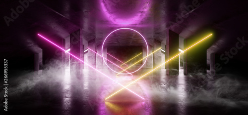 Smoke Circle Glow Sci Fi Neon Futuristic VIbrant Glow Purple Blue Orange Laser Show Stage Track Path Entrance Gate Underground Garage Hall Tunnel Corridor Glossy Dark Club Spaceship 3D Rendering