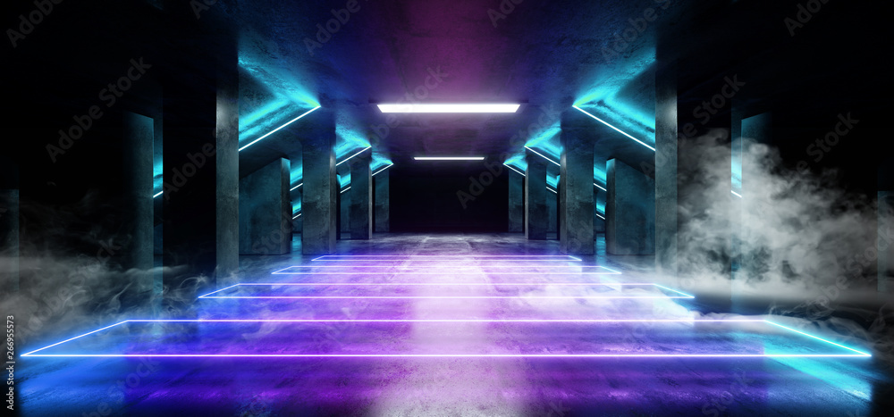 Smoke Sci Fi Neon Modern Futuristic VIbrant Glow Purple Blue Laser Show Stage Track Path Entrance Gate Underground Garage Hall Tunnel Corridor Glossy Dark Club Spaceship 3D Rendering