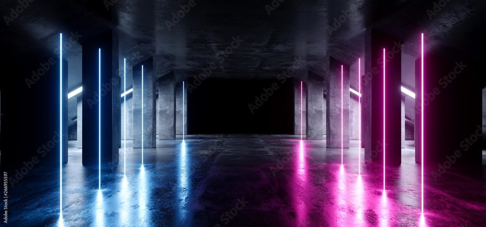 Sci Fi Neon Modern Futuristic VIbrant Glow Purple Blue Laser Show Stage Track Path Entrance Gate Underground Garage Hall Tunnel Corridor Glossy Dark Club Spaceship 3D Rendering Sci Fi Neon Modern Futuristic VIbrant Glow Purple Blue Laser Show Stage Track Path Entrance Gate Underground Garage Hall Tunnel Corridor Glossy Dark Club Spaceship 3D Rendering