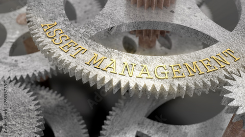 The inscription ASSET MANAGEMENT on the gear of the clock mechanism, 3d illustration