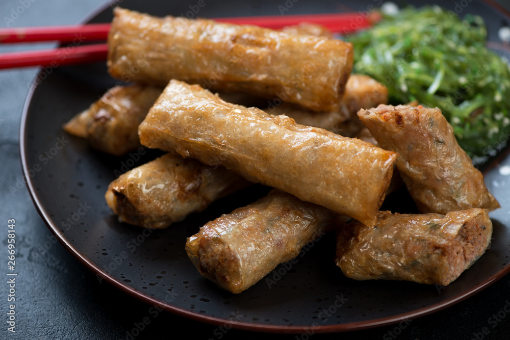 Close-up of vietnamese nems or deep fried spring rolls on a plate, selective focus, studio shot Close-up of vietnamese nems or deep fried spring rolls on a plate, selective focus, studio shot