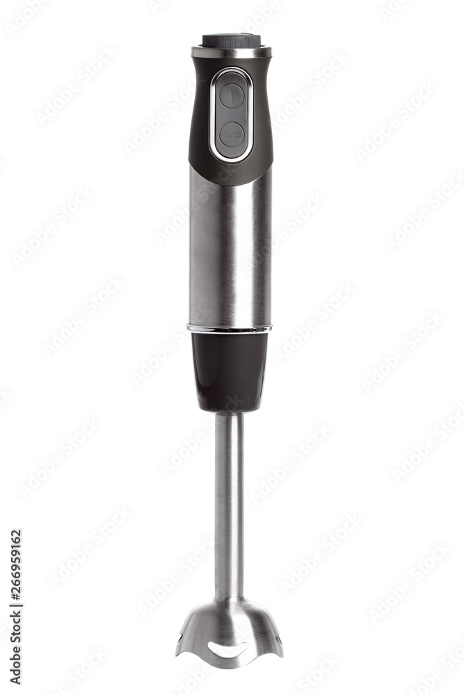 immersion blender with iron blades and rubberized body with a speed controller and on / off buttons isolated on a white background. immersion blender with iron blades and rubberized body with a speed controller and on / off buttons isolated on a white background.