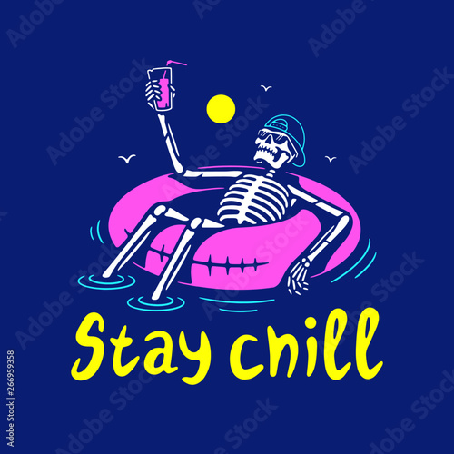 STAY CHILL SKELETON IN CAP WITH COCKTAIL AND SWIM RING COLOR BLUE BACKGROUND Fototapeta