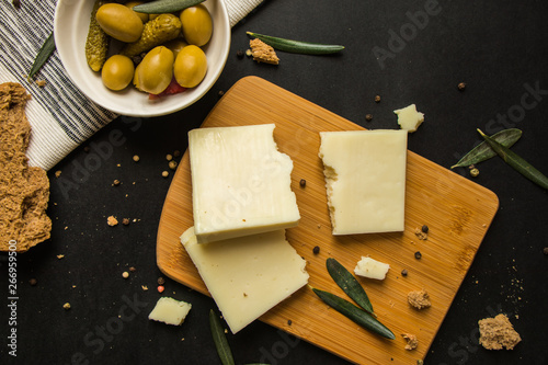 Kasseri Greek cheese with olives and rusk bread