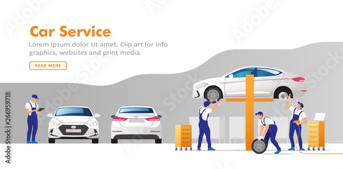 Auto service and repair. Cars in maintenance workshop with mechanics team. Vector illustration.
