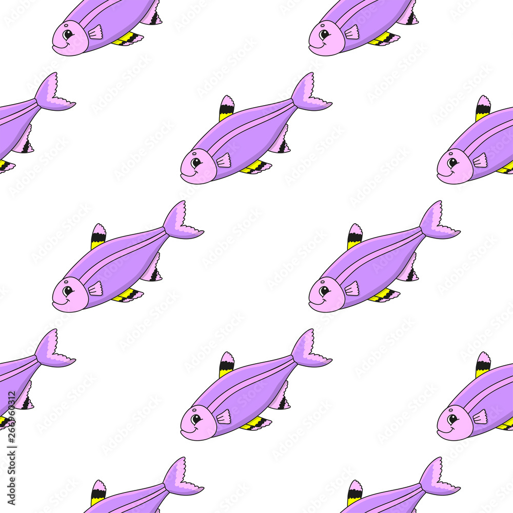 Happy fish. Colored seamless pattern with cute cartoon character. Simple flat vector illustration isolated on white background. Design wallpaper, fabric, wrapping paper, covers, websites.