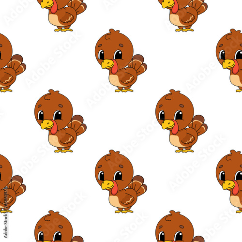 Happy turkey. Colored seamless pattern with cute cartoon character. Simple flat vector illustration isolated on white background. Design wallpaper, fabric, wrapping paper, covers, websites. photo