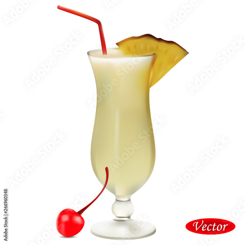 Realistic cocktail Pina Colada. Colorful vector drawing. Design for paper, baners, t-shirts, logos and more.