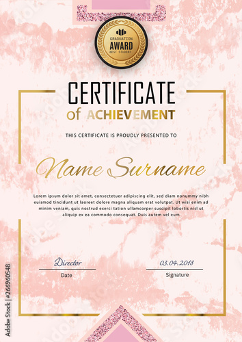 Pink certificate template. Luxury white pink marble with gold square for department cosmetic, parfume, stores, business