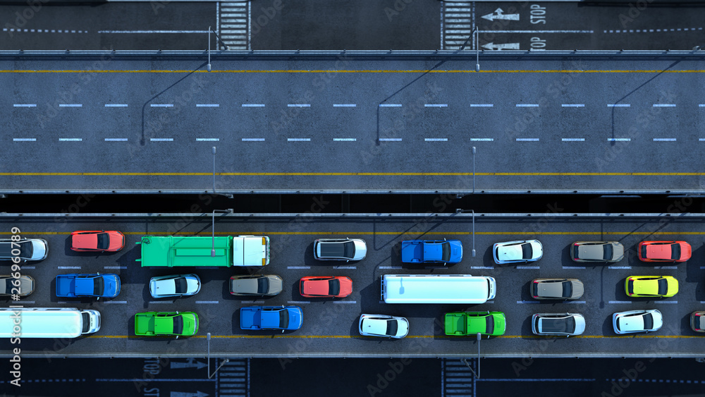 Cars on highway in traffic jam 3d render from top