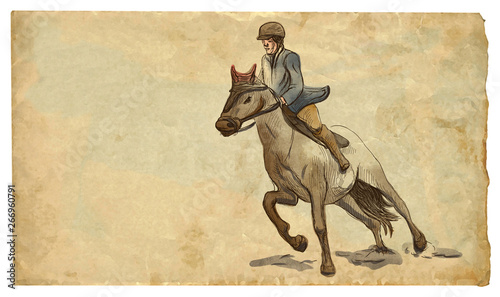 Show Jumping, hand drawn colored illustration. Line art technique on an old paper.