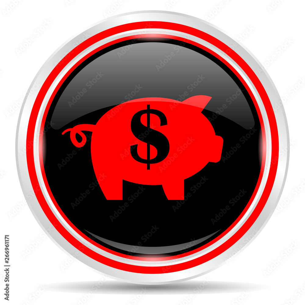 Piggy bank icon. Round metal web button, black and red. Piggy bank icon. Round metal web button, black and red.
