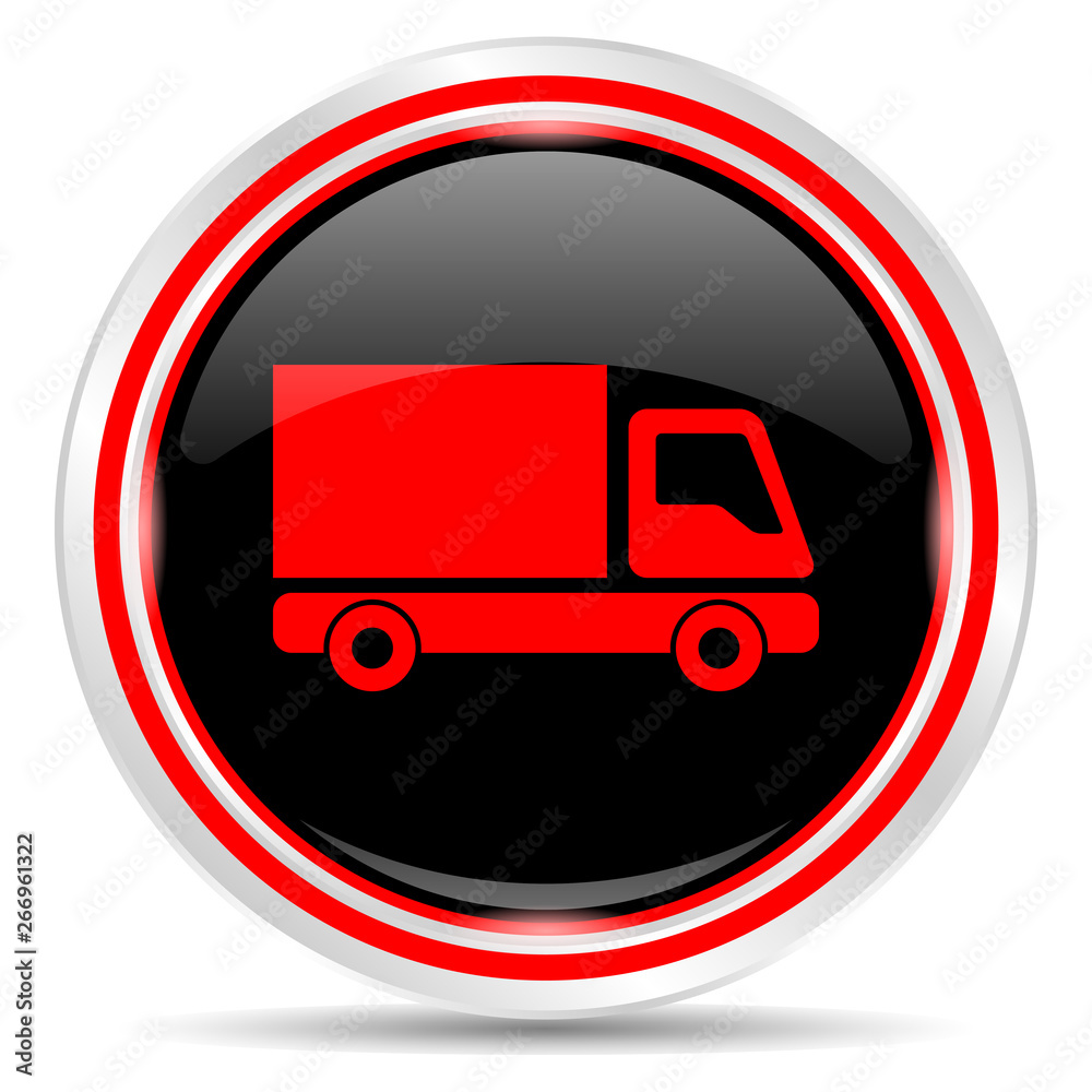 Transportation icon. Round metal web button, black and red. Transportation icon. Round metal web button, black and red.