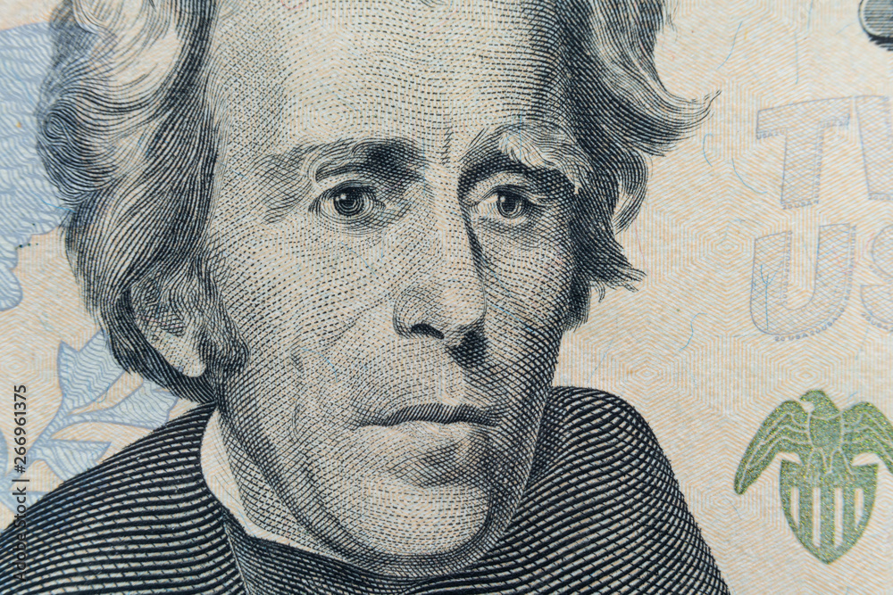President Andrew Jackson's face appears on the 20 bill. The first 20