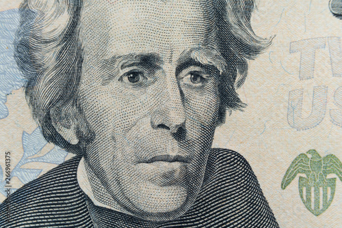 President Andrew Jackson's face appears on the $20 bill. The first $20 bill was issued by the government in 1914 and had President Grover Cleveland's face on it. Jackson's face was swapped in 1929.. photo