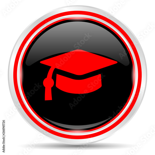 Education icon. Round metal web button, black and red.