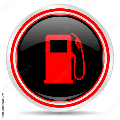 Gas station icon. Round metal web button, black and red.