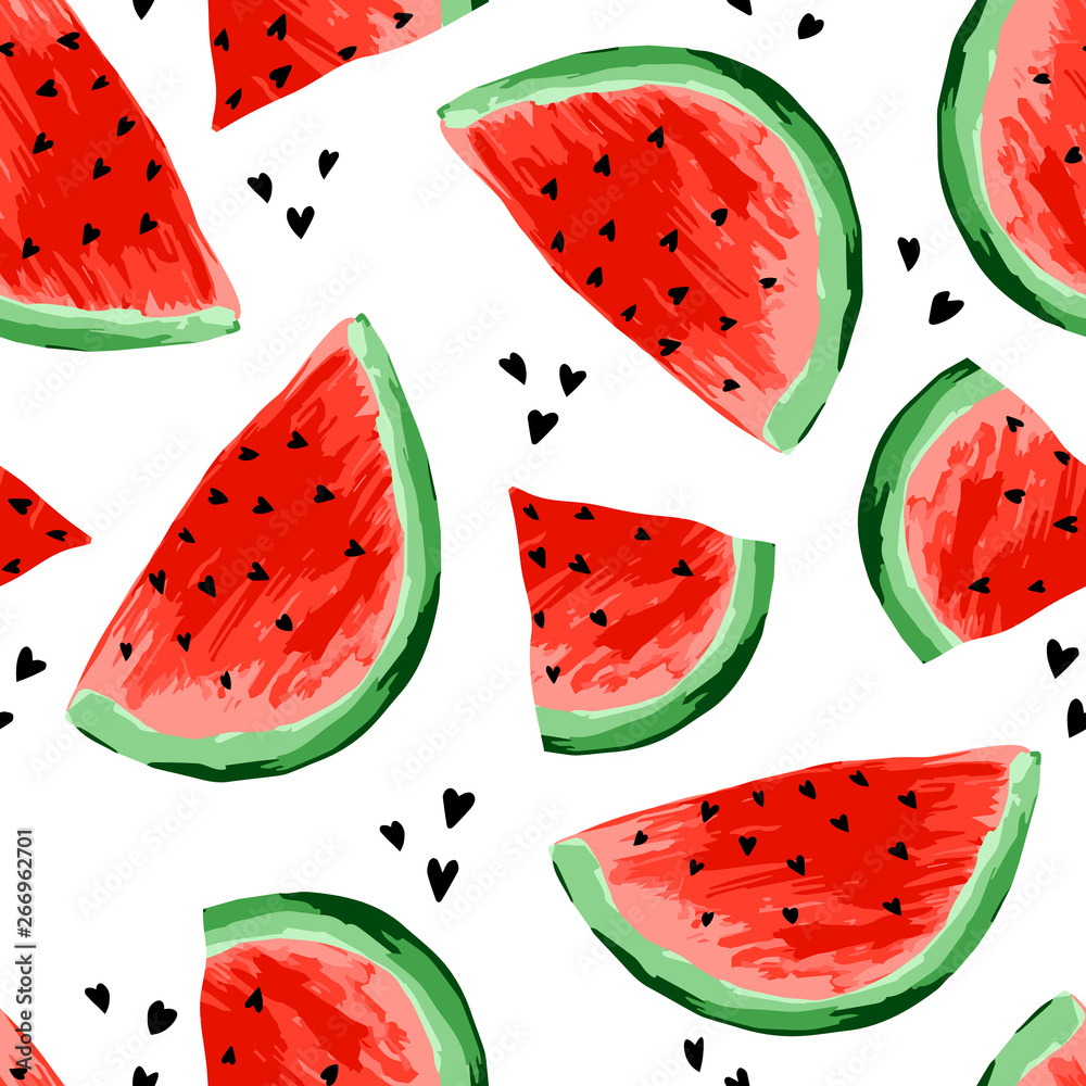 Seamless watermelons pattern. Slices of watermelon, berry background. Painted fruit, graphic art, cartoon. For the design of the fabric, print, wallpaper, wrapping. Vector illustration