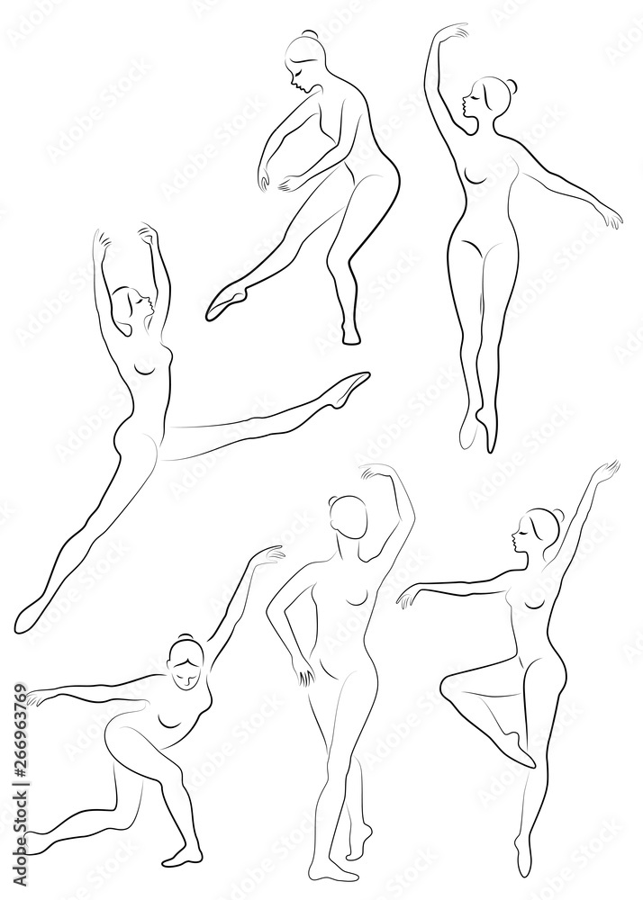 Collection. Silhouette of a cute lady, she is dancing ballet. The girl has a slim beautiful figure. Woman ballerina. Vector illustration set Collection. Silhouette of a cute lady, she is dancing ballet. The girl has a slim beautiful figure. Woman ballerina. Vector illustration set