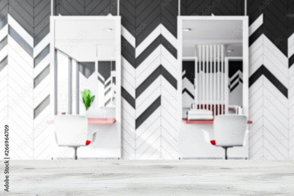 Fototapeta premium Blurred gray and white barber shop interior design