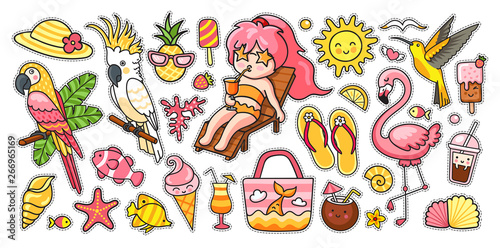 Big summer set. Tropical birds, parrots, flamingo, hummingbird, girl, deck chair, bag, panama hat, flip flops and ice cream. Vector cartoon illustrations for sticker kit, pins, print and poster