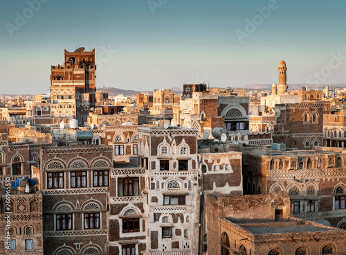 view of sanaa city old town architecture skyline in yemen photo