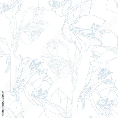 Hand drawn sketch illustration of lilies flowers seamless pattern. Floral blue line background, backdrop element for fabric, textile design, wedding.