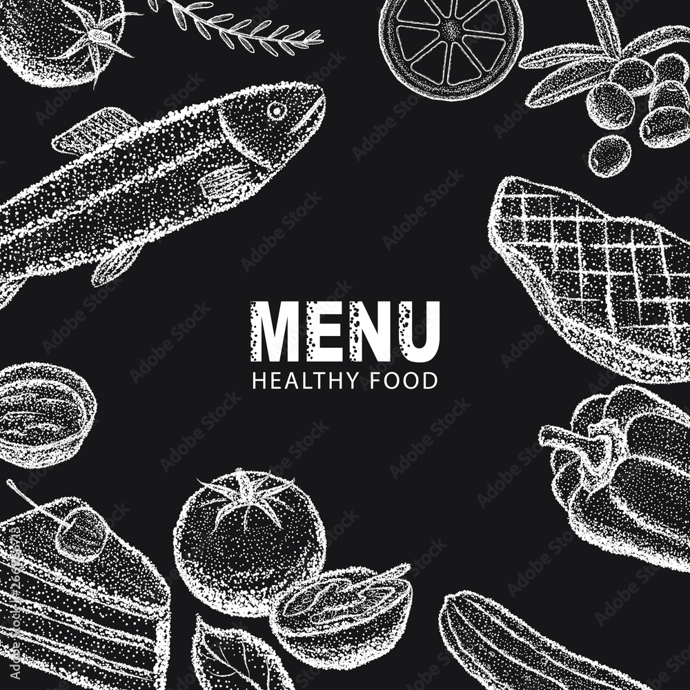 Healthy food. Vegetables, fish, olives, meat and cake. Vector black and