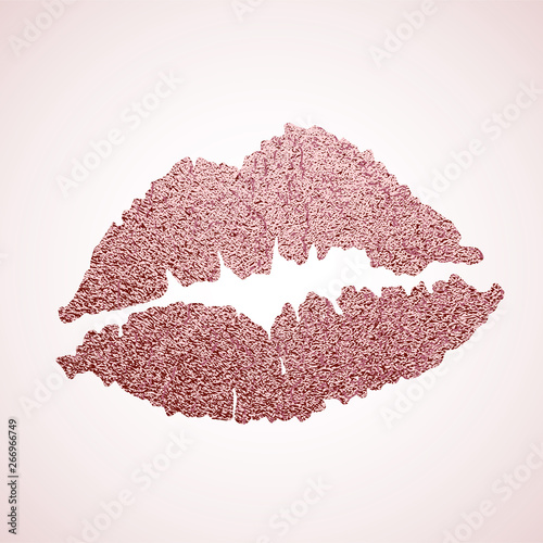 Rose gold lips. Golden Lip icon with glitter effect, lipstick kiss isolated on white background. Vector illustration.