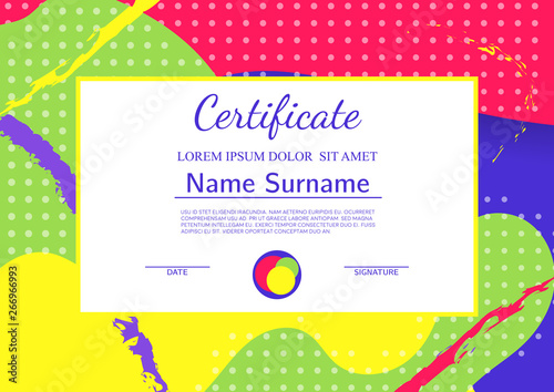 Kids Diploma or certificate template with abstract shapes. Cartoon style background. Fun cover