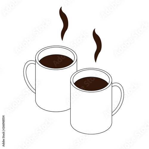 Two hot drinks in cups. Isometry and lines. Logo for a cafe.
