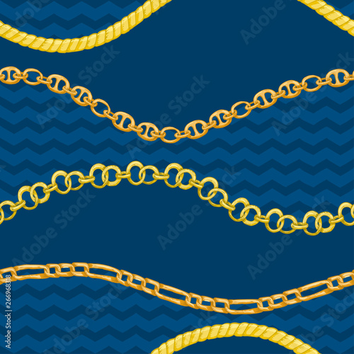 Seamless pattern with retro hand-drawn sketch golden chain on dark background. Drawing engraving texture. Great design for fashion, textile, decorative frame, yacht style card.