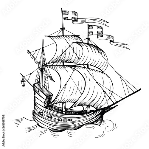 Old caravel, vintage sailboat. Hand drawn sketch. Detail of the old geographical or fanasy maps of sea.