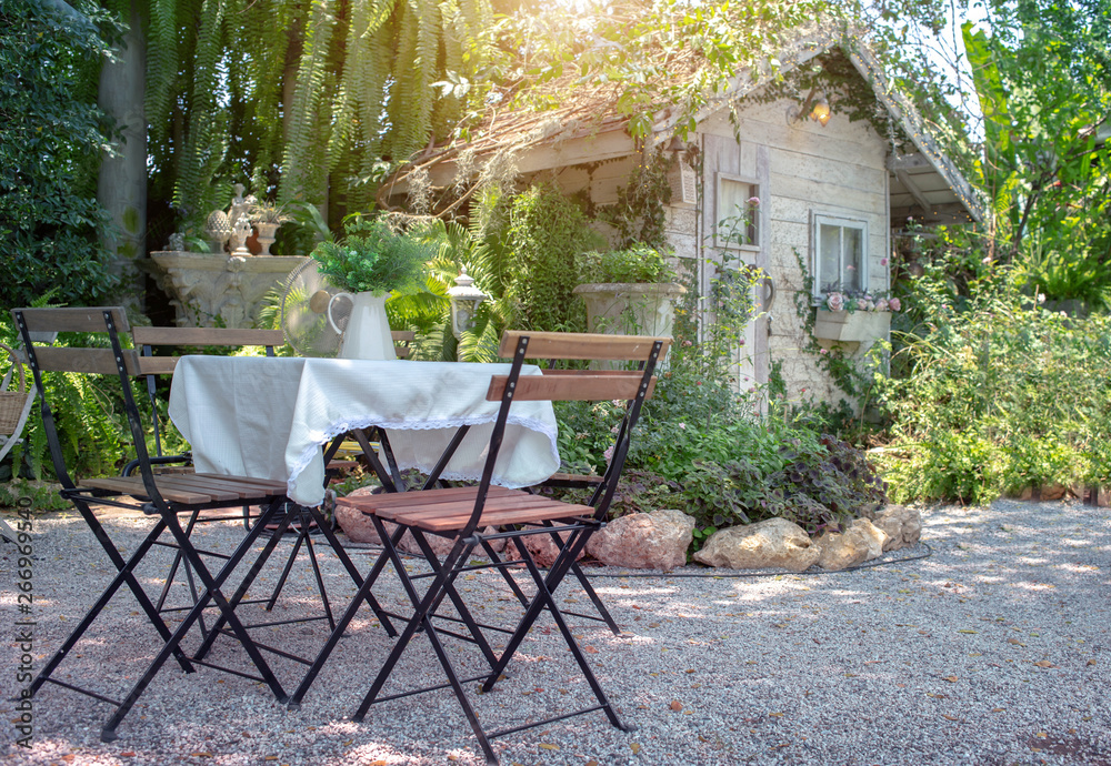 outdoor tea table english vintage style in garden
