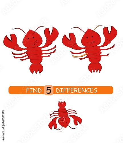 Find differences between pictures. Vector cartoon educational game. Cute lobster.