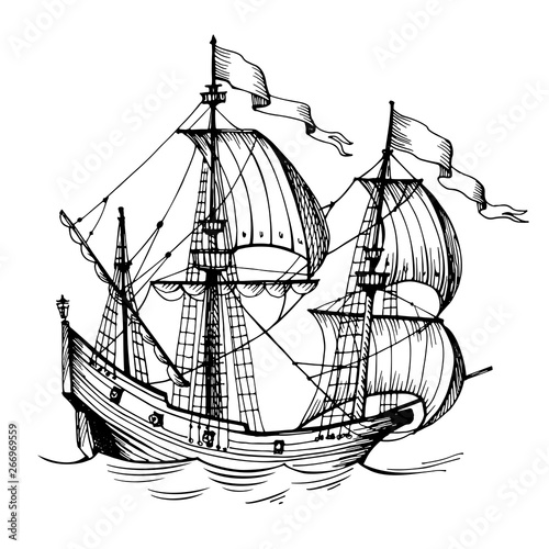 Old caravel, vintage sailboat. Hand drawn sketch. Detail of the old geographical or fanasy maps of sea.