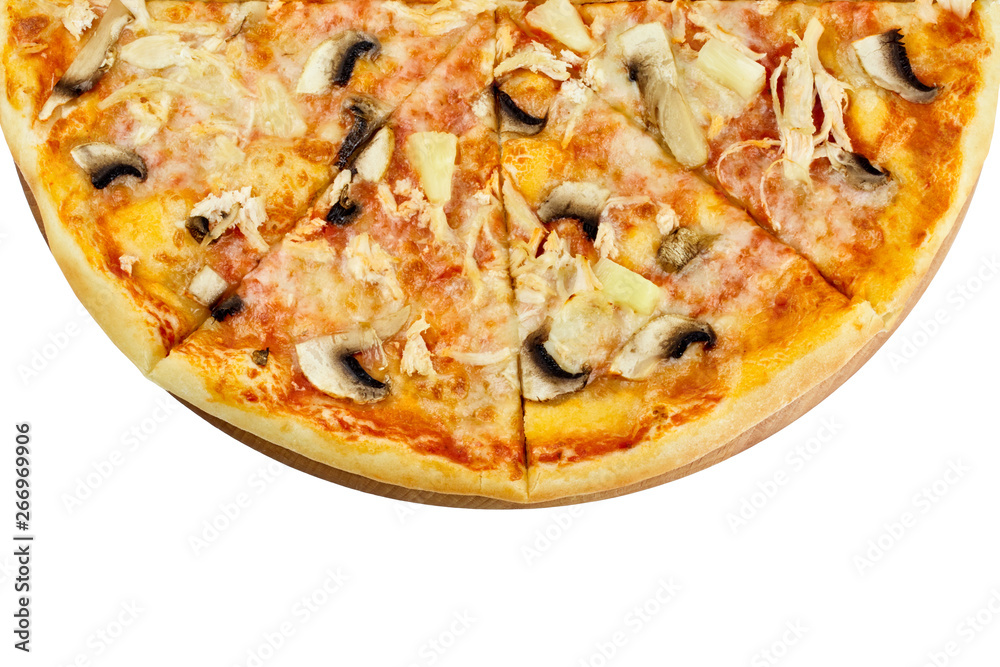 Delicious pizza with chicken mushrooms mozzarella pineapple on a wooden board on an isolated white background Delicious pizza with chicken mushrooms mozzarella pineapple on a wooden board on an isolated white background